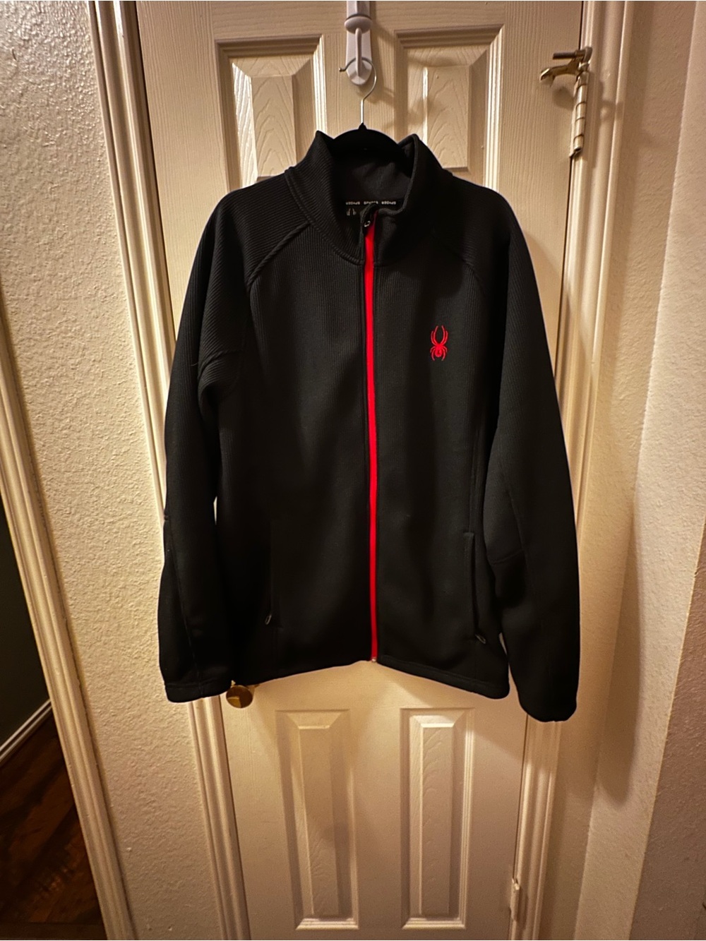 Spyder Men's XXL Black Full Zip Waffle Knit Fleece Jacket Red Trim Accent